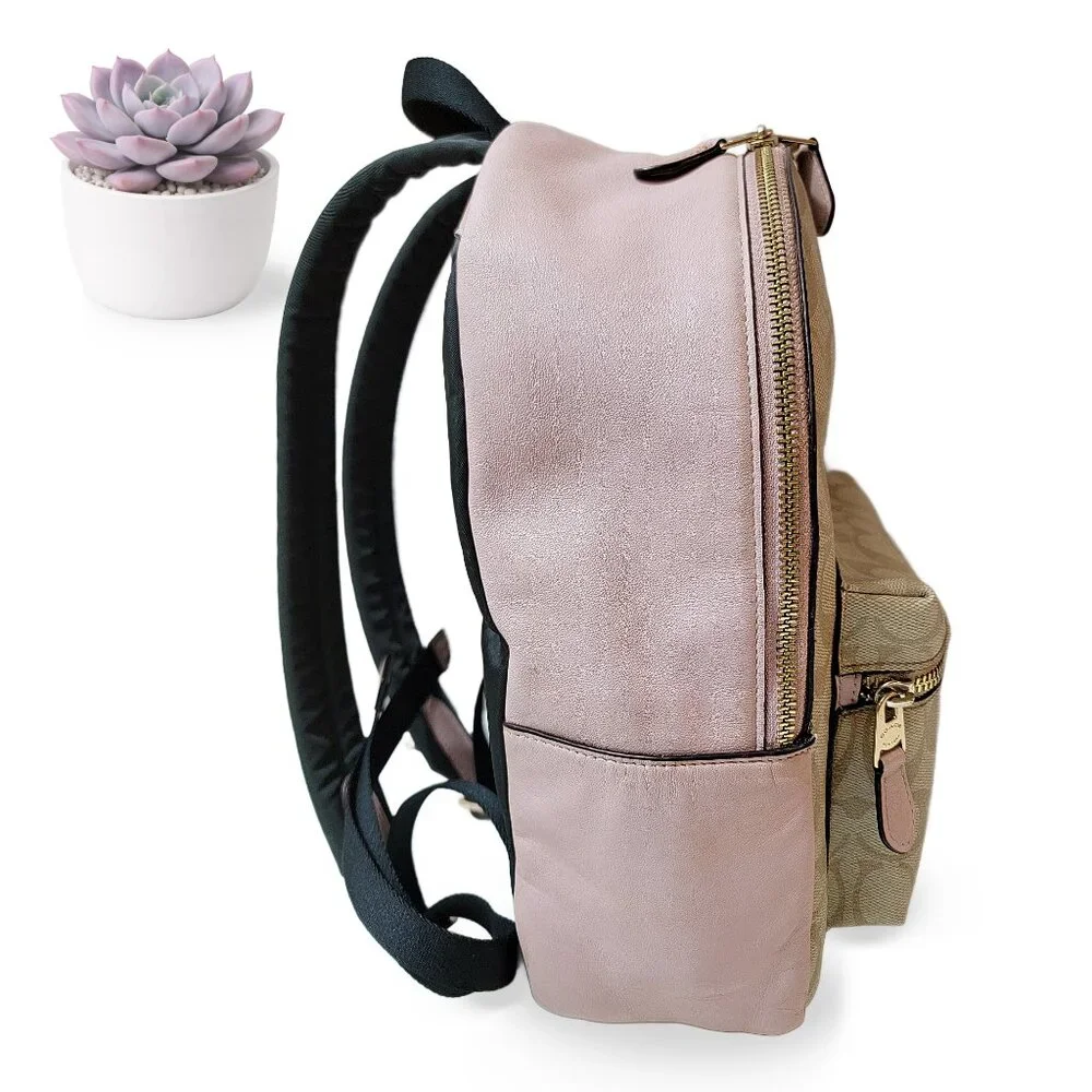 COACH Signature Canvas Mini Backpack Khaki Pink Leather Trim Bag - Picture 4 of 11